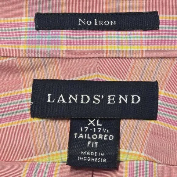👔 Lands' End No Iron Shirt XL (17-17½)  Pink Yellow Check - Tailored Fit Cotton - Picture 4 of 12